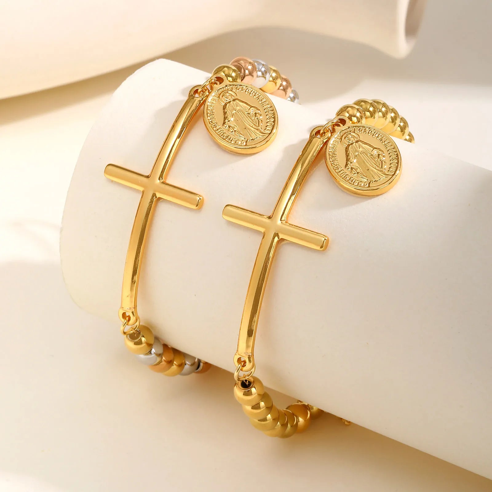 Bijoux Chrétiens - Bracelets Vnox avec croix de Saint Benoît, bracelets extensibles en acier inoxydable pour femmes et hommes