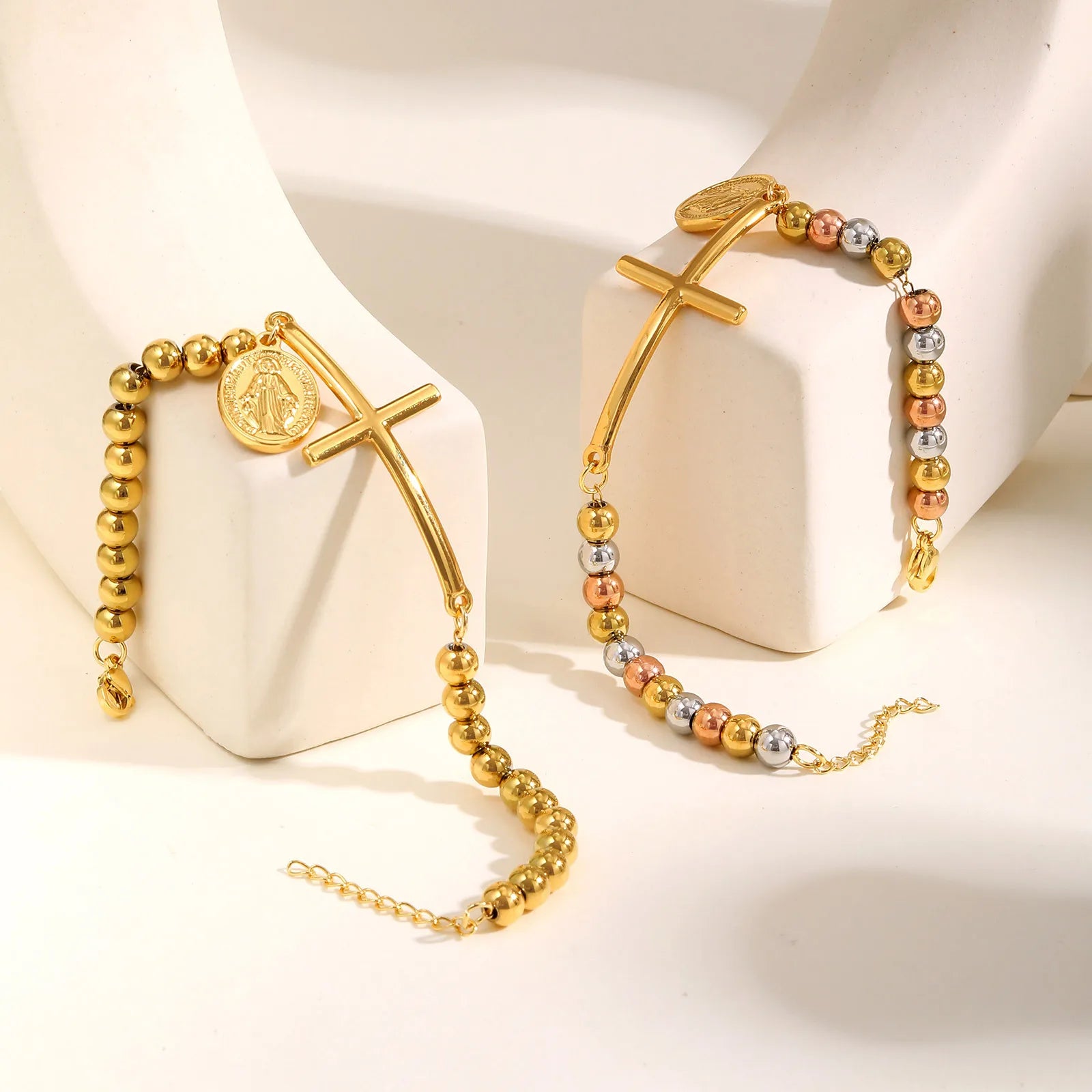 Bijoux Chrétiens - Bracelets Vnox avec croix de Saint Benoît, bracelets extensibles en acier inoxydable pour femmes et hommes