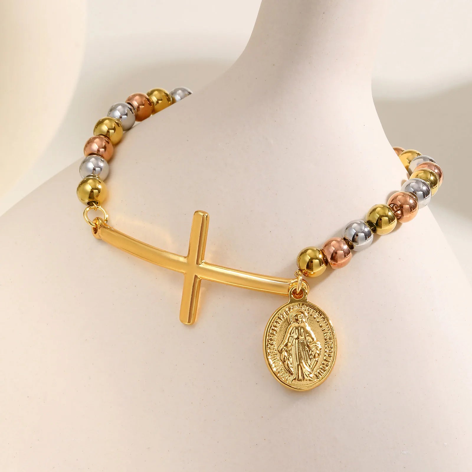 Bijoux Chrétiens - Bracelets Vnox avec croix de Saint Benoît, bracelets extensibles en acier inoxydable pour femmes et hommes