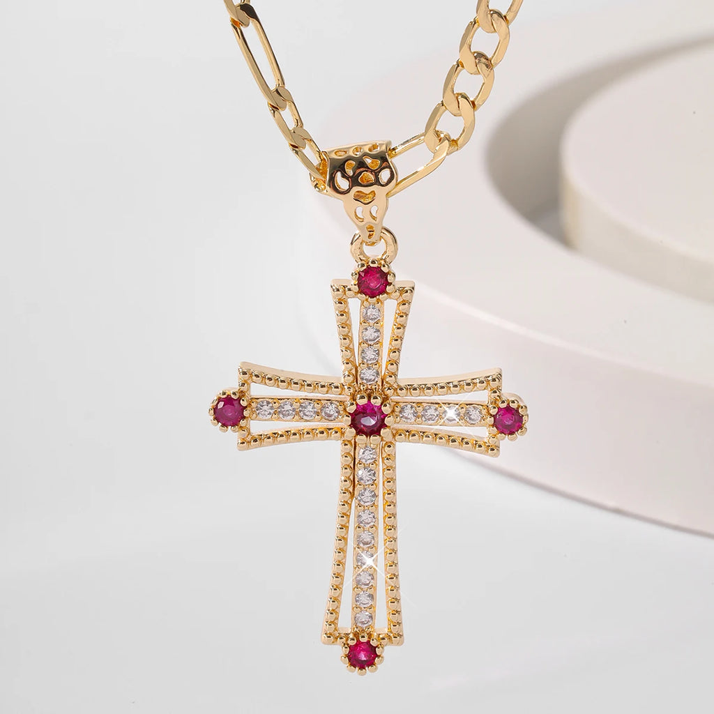 Bijoux Chrétiens - Collier avec pendentif croix en zircon rose et violet pour femme