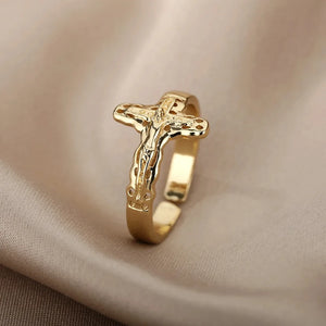 Bijoux Chrétiens - Bague en acier inoxydable avec croix de Jésus, couleur or