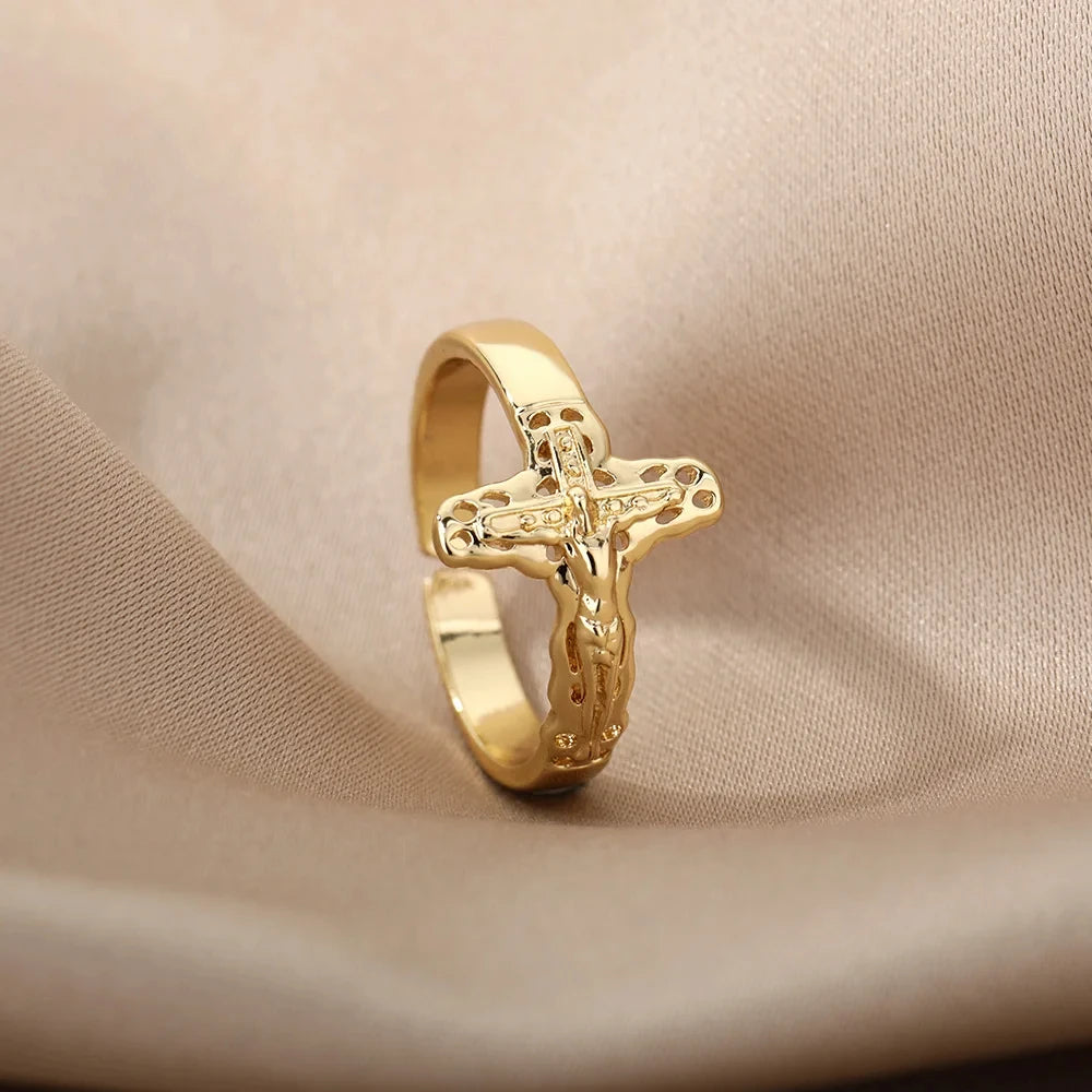 Bijoux Chrétiens - Bague en acier inoxydable avec croix de Jésus, couleur or