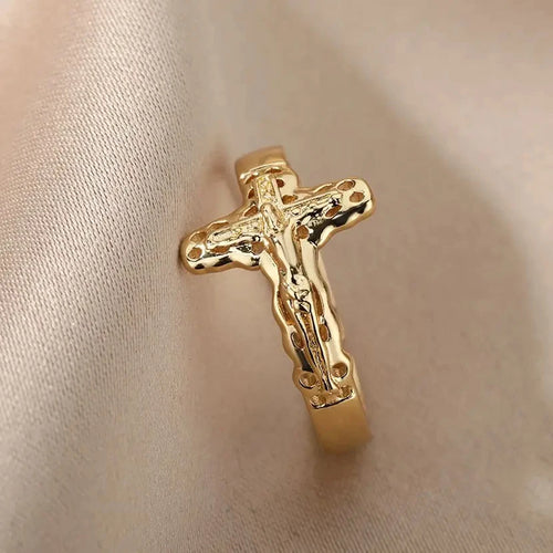 Bijoux Chrétiens - Bague en acier inoxydable avec croix de Jésus, couleur or